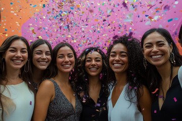 Obraz premium Friends celebrating together with colorful confetti at an indoor gathering during a festive occasion