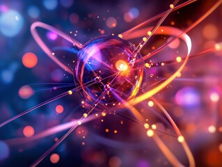 Abstract colorful atomic structure with glowing orbits and bokeh background effects