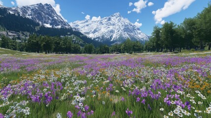Obraz premium Alpine Meadow Wildflowers Bloom Beneath Snowy Peaks