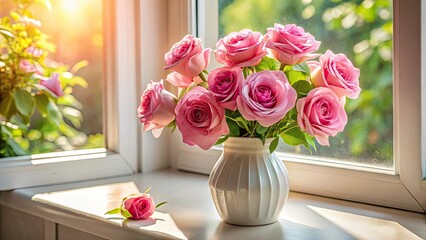 Delicate pink roses, elegantly arranged in a white vase, grace a sunlit window sill.