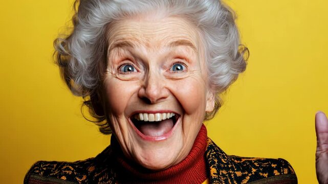 Woman with a big smile on her face. She is wearing a red sweater and has her hair in a bun