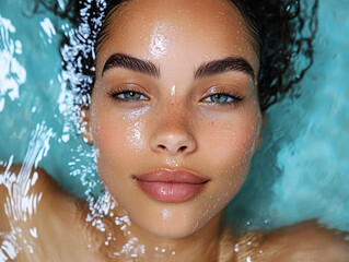 Naklejka premium Close-up of a woman submerged in clear water