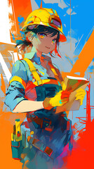 Obraz premium A confident construction worker in a vibrant urban setting, reviewing plans amidst bright colors