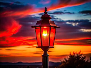 Dramatic silhouette of a red lamp at night, backlit, creating a vibrant, hanging light effect.