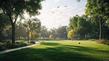 Serene City Park Lush Green Grass and Trees