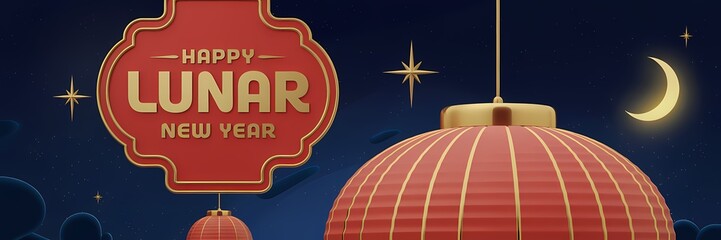 A 3D render of a creative minimalist Lunar New Year poster design with a night theme. The poster contains a large red banner with gold text that says "Happy Lunar New Year".