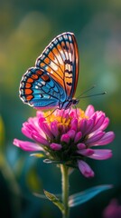 Fototapeta premium Colorful butterfly perched on pink flower in warm sunlight during golden hour
