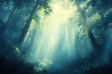 Obraz premium Enchanted forest with sunlight streaming through majestic trees