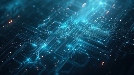 Futuristic circuit board with glowing blue connections and data flow