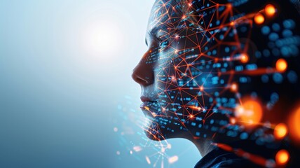 A digital representation of a human face intertwined with glowing data connections, symbolizing technology and innovation.