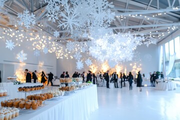 Obraz premium Whimsical winter wonderland party festive venue event celebration snowy atmosphere indoor joyful gathering