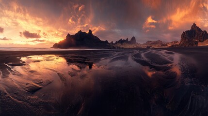 Dramatic Sunset Over Volcanic Coastline Reflecting In Water