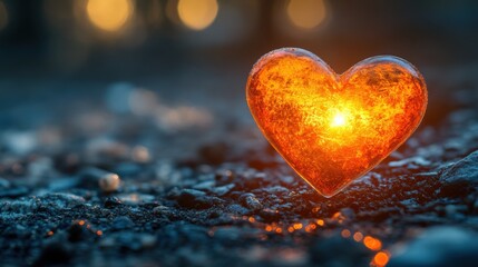 Fototapeta premium Glowing heart on gravel with warm light and bokeh background