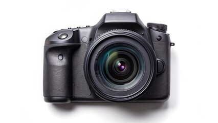 photo of used modern black DSLR camera isolated over a white background, cutout photography design elements, flat lay / top view with subtle shadow
