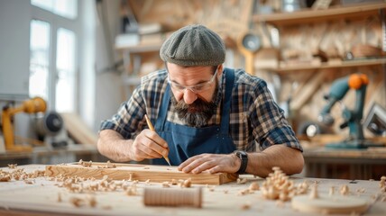 Craftsman meticulously carving wood in a workshop, surrounded by tools and shavings, showcasing woodworking skills and artistry.