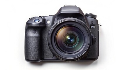 photo of a modern black DSLR camera isolated over a white background, cutout photography design elements, flat lay / top view with subtle shadow