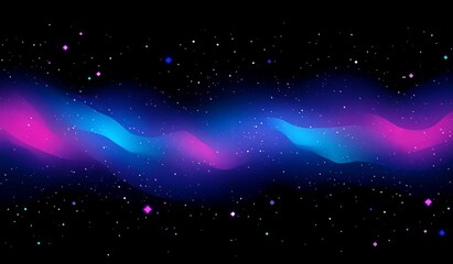 Obraz premium Abstract cosmic nebula with pink and blue glowing waves and scattered stars on a black background.