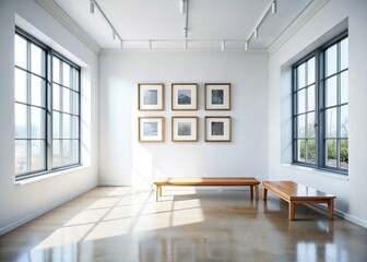Fototapeta premium Bright Minimalist Gallery Room: Empty Frames & Wooden Bench, Natural Light