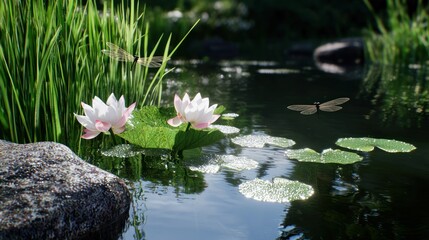 Serene pond with blooming water lilies and fluttering butterflies.