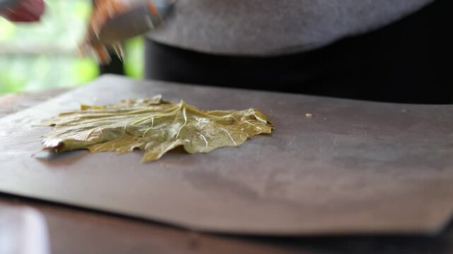 People cook dolma food.
Grape leaves stuffed with minced meat.
