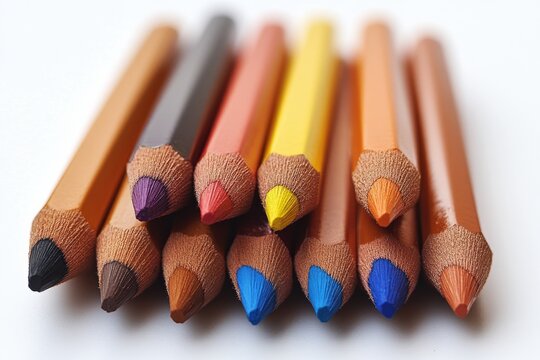 Vibrant assortment of colored pencils arranged in a circular pattern on a bright background