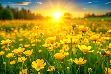 Fototapeta premium Golden hour bathes a sunlit meadow in vibrant yellow wildflowers, a breathtaking summer bloom.