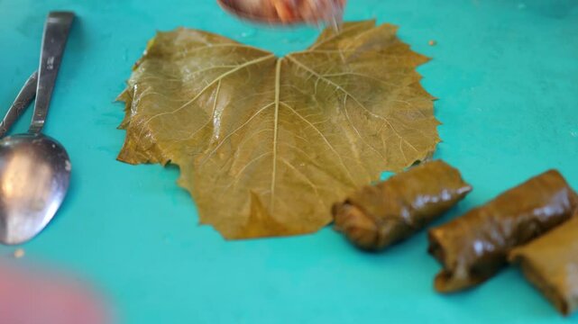 People cook dolma food.
Grape leaves stuffed with minced meat.