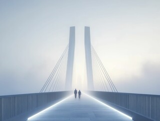Fototapeta premium Foggy bridge, two figures walking, illuminated path.