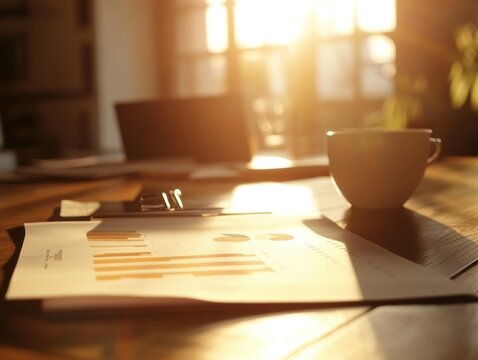 Sunlight streams over a wooden desk with business papers a coffee and laptop in the background