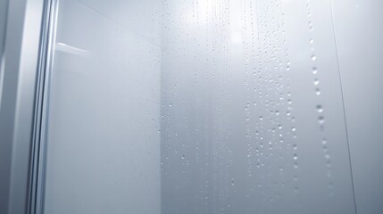 A frosted glass shower door with droplets glistening under soft lighting