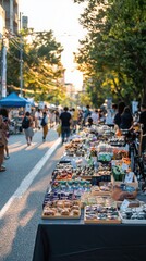 Obraz premium Evening street market experience urban city street photography vibrant neighborhood eye-level view community engagement