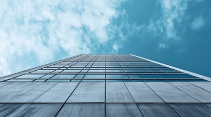 Fototapeta premium Aspiring High: An upward shot of a towering glass and steel skyscraper, its mirrored facade reflecting a vibrant blue sky, symbolizing ambition, growth, and the pursuit of excellence. 