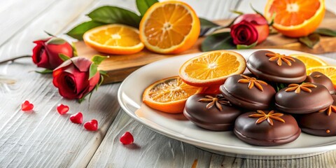 Chocolate Treats with Oranges and Roses on Table