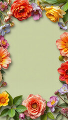 floral frame in bright colors is realistic for wedding invitation invites, wallpapers, fashion, background, texture, and wrapping, collage style, with white tones