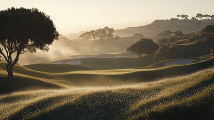 Fototapeta premium A golf course in the early morning mist, with dewdrops glistening on the grass and trees in the distance