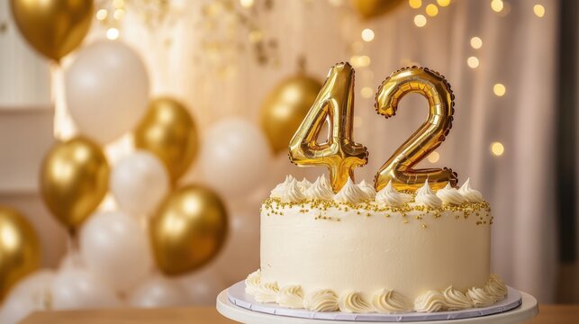 Elegant 42nd Birthday Cake with Golden Balloons and Lights