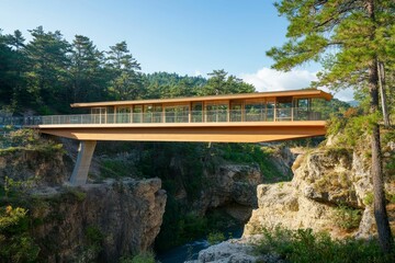 Fototapeta premium Wooden bridge spans rocky gorge, lush greenery.