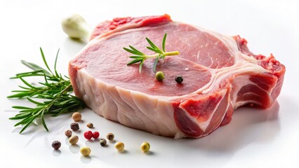 Fototapeta premium Juicy raw pork chop, pristine white backdrop. Butcher-fresh, ready for your culinary creation.