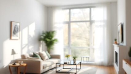 Blur living room at home with morning sunlight at big window for background usage. blur interior background concept. white, bright tone. Generative AI
