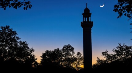 Obraz premium Minaret Silhouette Against Twilight Sky and Crescent Moon