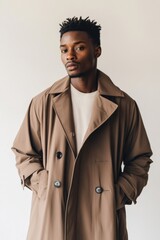 Fototapeta premium Elegant fashion portrait of a man in a stylish brown coat for modern wardrobe inspiration