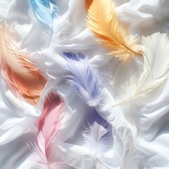 Artistic closeup of pastel-hued feathers on delicate fabric background evoking softness and texture inspiring serenity and calmness