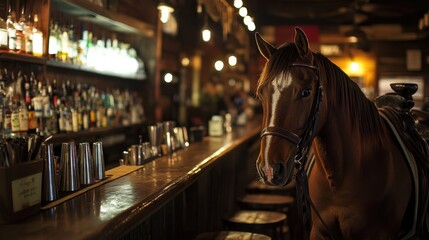 National Ride Your Horse to a Bar Day Unexpected encounter: horse at a cozy rustic bar interior