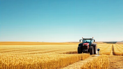 Fototapeta premium Modern Farming. Tractor in a vast wheat field under a clear blue sky.
