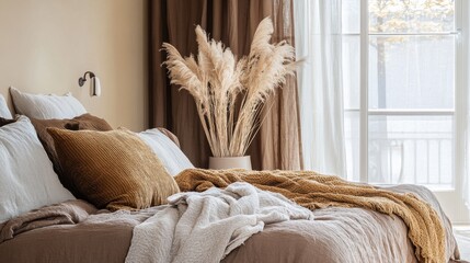 National Decorating Month Cozy bedroom with soft textiles and neutral tones for relaxation and comfort