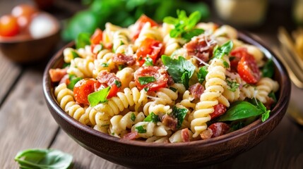 Fresh italian pasta salad with cherry tomatoes and spinach for summer meals