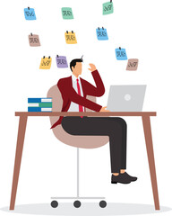 Frustrated or overwhelmed from multitasking, work overload too many tasks, busy overworked, appointment or tired exhausted concept, frustrated businessman working with chaotic sticky notes