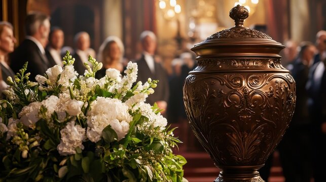 Elegant funeral service with ornate urn and white flowers