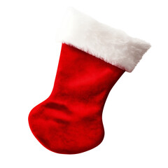 A Christmas-themed red stocking, in a clipart style, isolated on a transferred background.