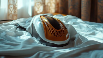 Close up shot of a handheld steam iron on white wrinkled bedsheets